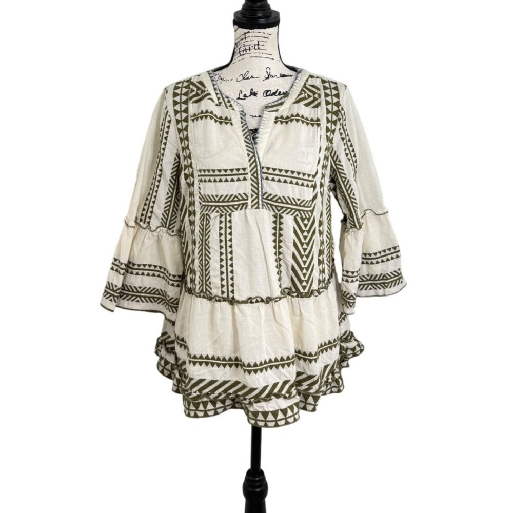 John Mark Womens Top Bohemian Geometric Tiered Tunic Cream & Olive Size M